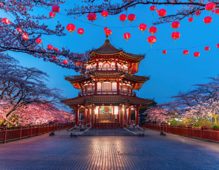 Festive lanterns light up the pavilion amid cherry blossoms during Lunar New Year.の素材