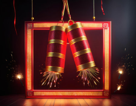 Colorful decorations and traditional fireworks mark the joyous lunar new year celebration.の素材