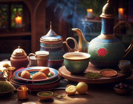 Festive setting showcases a teapot, sweets, and herbs, embodying Persian New Year traditions.の素材