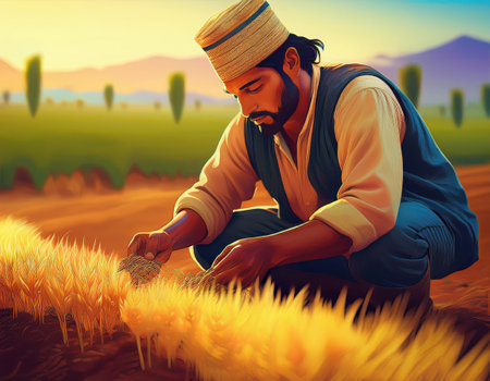 A man kneels in a golden field during Nowruz, gathering wheat to honor Persian New Year traditions.の素材
