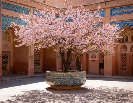 Cherry blossoms bloom in a tranquil Persian courtyard, symbolizing renewal during Nowruz.の素材