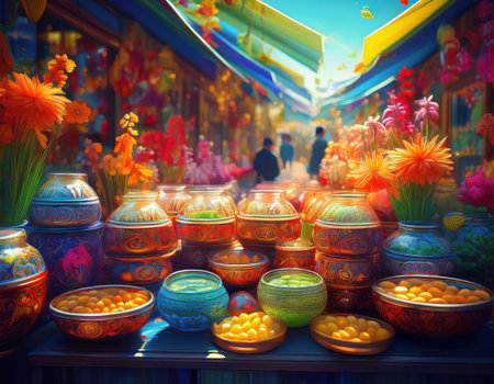 Colorful display of fruits, flowers, and decorative items celebrating Nowruz in a lively market.の素材