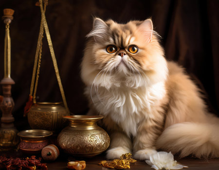 A Persian cat sits amid traditional Nowruz decorations, embodying the spirit of renewal and joy.の素材