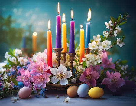 Candles illuminate colorful eggs and fresh flowers, symbolizing renewal during Nowruz.の素材