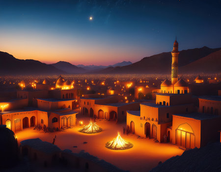 Illuminated buildings and lively bonfires mark the joyous celebration of Nowruz.の素材