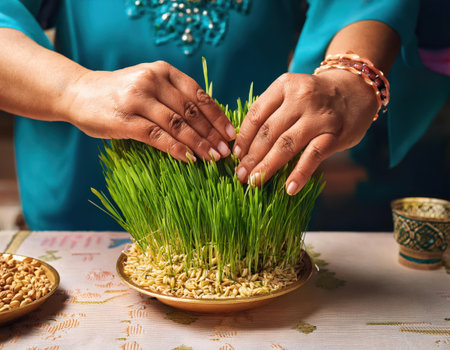 Hands arranging freshly grown wheat grass on a Haft-Seen table for Nowruz festivities.の素材