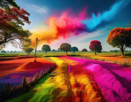Colorful powders create a magical field as Holi festivities light up the skies above.の素材