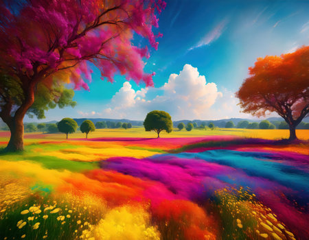 Colorful powders create a magical field of Holi festivities light up the skies aboveの素材
