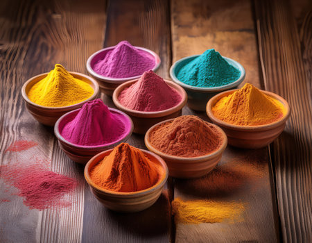 Colorful powders arranged in bowls await enthusiastic participants for Holi festivities.の素材