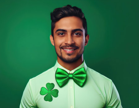 A smiling person in a bright green shirt and bowtie is ready for a St Patrick's Day celebration.の素材