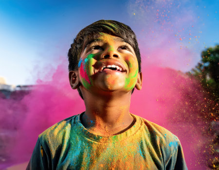Child revels in the magic of Holi, covered in colorful powders, showcasing pure joy.の素材