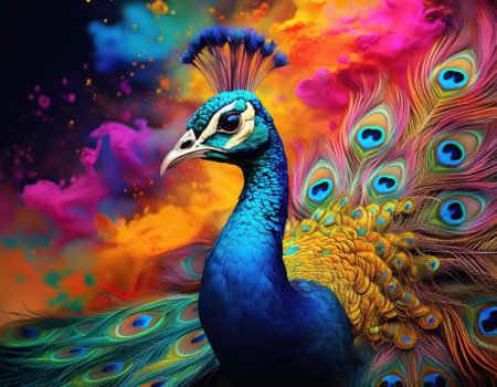 A peacock displays its stunning feathers at a vibrant Holi celebration.の素材