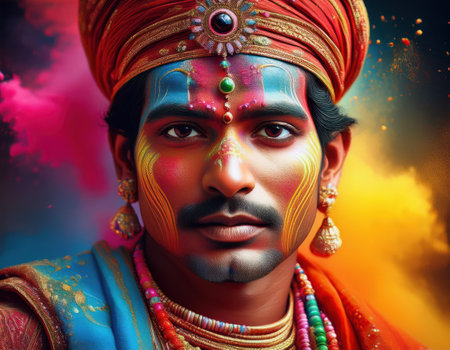 A man adorned with colorful powders and traditional attire during Holi festivities.の素材
