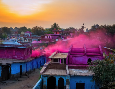Joyful festival atmosphere as colorful powders fill the sky during Holi celebrations at dusk.の素材