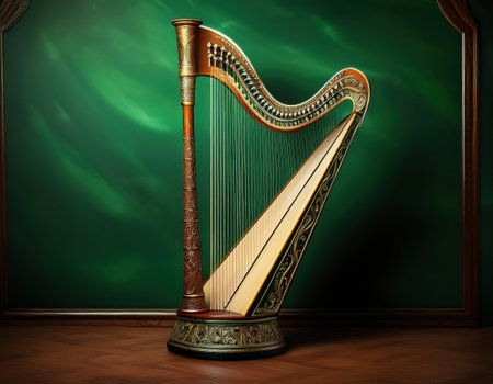 A beautifully crafted harp stands against a rich green background, symbolizing St. Patricks Day.の素材