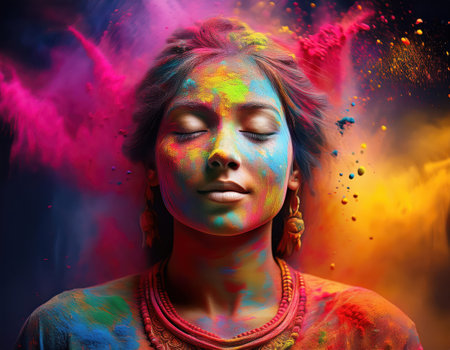 woman engages in joyful Holi festivities, covered in colorful powders, celebrating spring.の素材