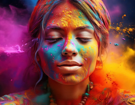 Joyful participant celebrates Holi, covered in colorful powders, embracing the festive spirit.の素材