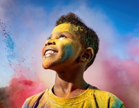 A joyful child shines with vibrant colors, celebrating Holi outdoors.の素材