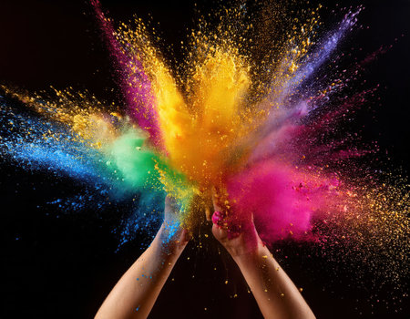 Hands release a burst of colorful powders, creating joy during the Holi festival celebration.の素材