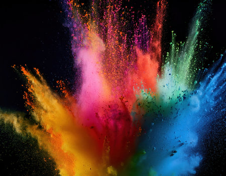 Vivid powders burst forth in a joyful display representing the spirit of Holi festivities.の素材