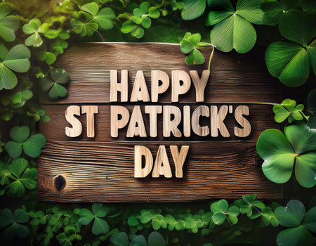 Vibrant shamrock leaves frame a rustic wooden sign wishing everyone a happy St Patrick's Day.の素材
