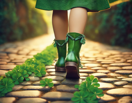 A person strolls down a cobblestone path adorned with shamrocks during St.の素材