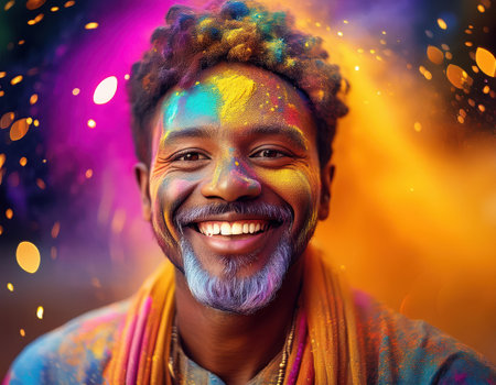 Participant joyfully celebrates Holi, throwing vibrant color powders and sharing laughter.の素材