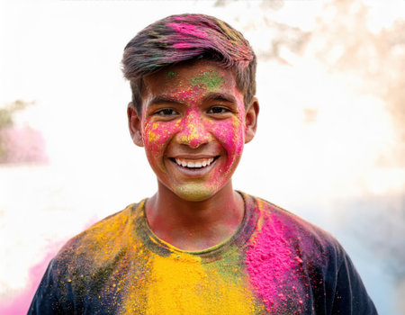 A boy smiles brightly while covered in colorful powders during the Holi festival festivities.の素材