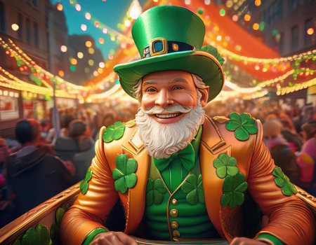 Lively celebration showcasing a leprechaun adorned in green, surrounded by shamrocks and lights.の素材