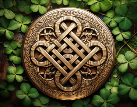 A beautiful display of a Celtic knot surrounded by vibrant green shamrocks celebrates Irish culture.の素材