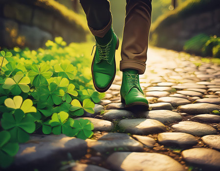 A person walks along a stone path surrounded by vibrant shamrocks, embodying St.の素材