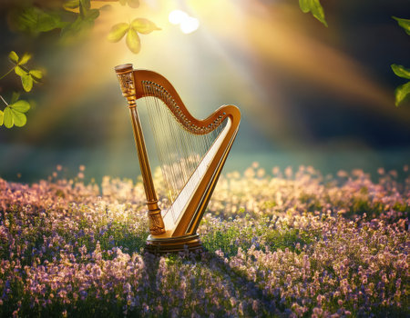 A golden harp glimmers in sunlight, surrounded by vibrant clovers and flowers on St. Patrick's Day.の素材