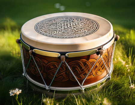 A beautifully crafted Irish drum sits on lush green grass, embodying St. Patrick's Day spirit.の素材