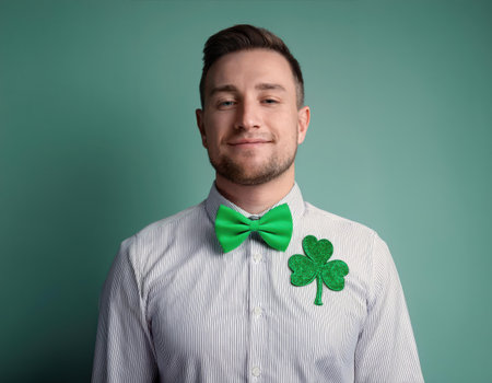 A cheerful individual dressed in smart attire adorned with a shamrock celebrating St Patricks Day.の素材