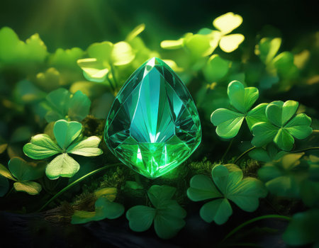 A vibrant green gem shines amidst lush clovers, capturing the essence of St. Patricks Day.の素材