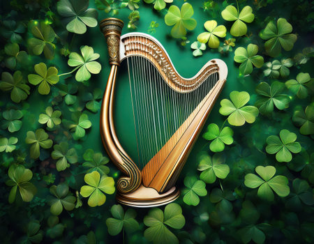 A vivid image shows a golden harp amidst lush shamrocks, celebrating Irish culture.の素材