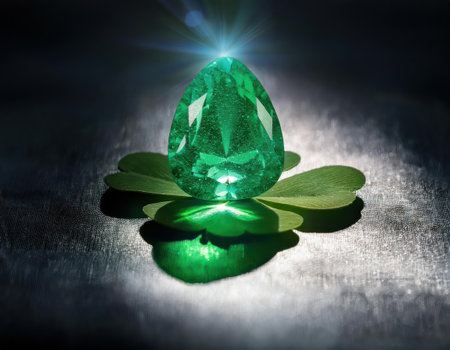A vibrant green emerald shines on a four-leaf clover, symbolizing luck and celebration.の素材