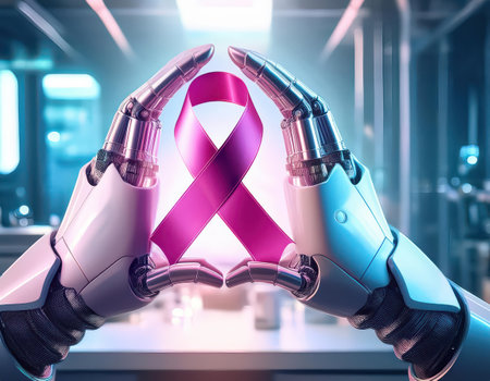 Robotic hands elegantly hold a pink ribbon symbolizing support for cancer awareness and prevention.の素材