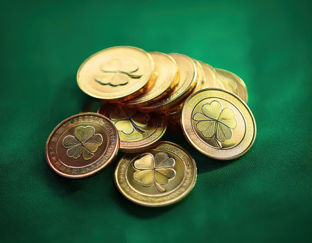 Shiny gold coins with shamrock designs scattered on rich green fabric create a festive atmosphere.の素材