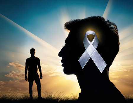 A silhouette of a person stands against a vibrant sunset, symbolizing cancer awareness.の素材