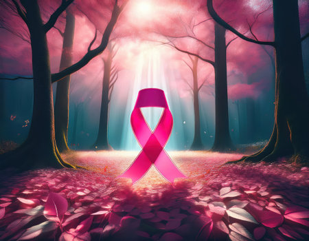 A striking pink ribbon stands amid a mystical forest, symbolizing unity in the fight against cancer.の素材