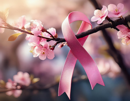 The pink ribbon surrounded by blooming cherry blossoms symbolizes cancer awareness and support.の素材