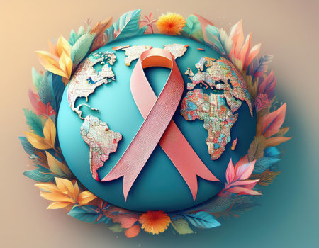 Illustration for World Cancer Day featuring a pink ribbon symbolizing global awareness.の素材