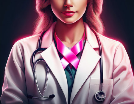 A healthcare pro uses a pink ribbon to promote cancer awareness, symbolizing hope and strength.の素材