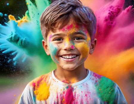 A young boy smiles brightly, covered in colorful powders, capturing the spirit of Holi festivities.の素材