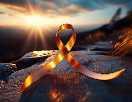 A ribbon symbolizes cancer awareness against a stunning sunset backdrop, inspiring hope.の素材