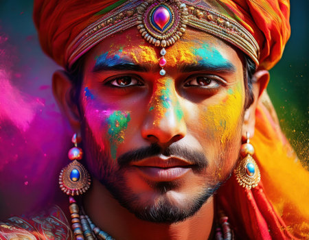 A man adorned with colorful powders and traditional attire during Holi festivalの素材