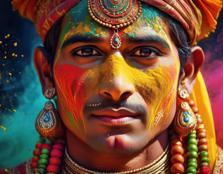 Man adorned in vibrant colors celebrating Holi festivalの素材
