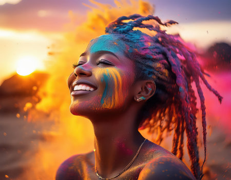 A woman smiles brightly as colorful powders dance in the air, celebrating Holi at dusk.の素材