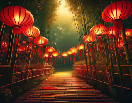 Colorful lanterns hang invitingly along a serene bamboo path, enhancing the festive atmosphere.の素材